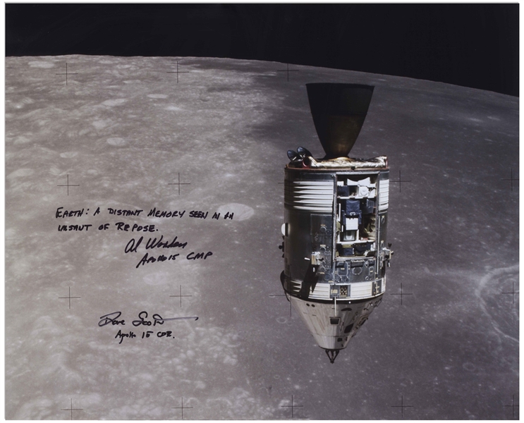 Al Worden & Dave Scott Signed 20'' x 16'' Photo of the Apollo 15 Command Module Against the Moon -- Worden Additionally Writes ''Earth: A distant memory seen in an instant of repose''